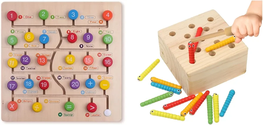 Boxiki kids Montessori Learning Bundle: Wooden Numbers and Magnetic Worm Game