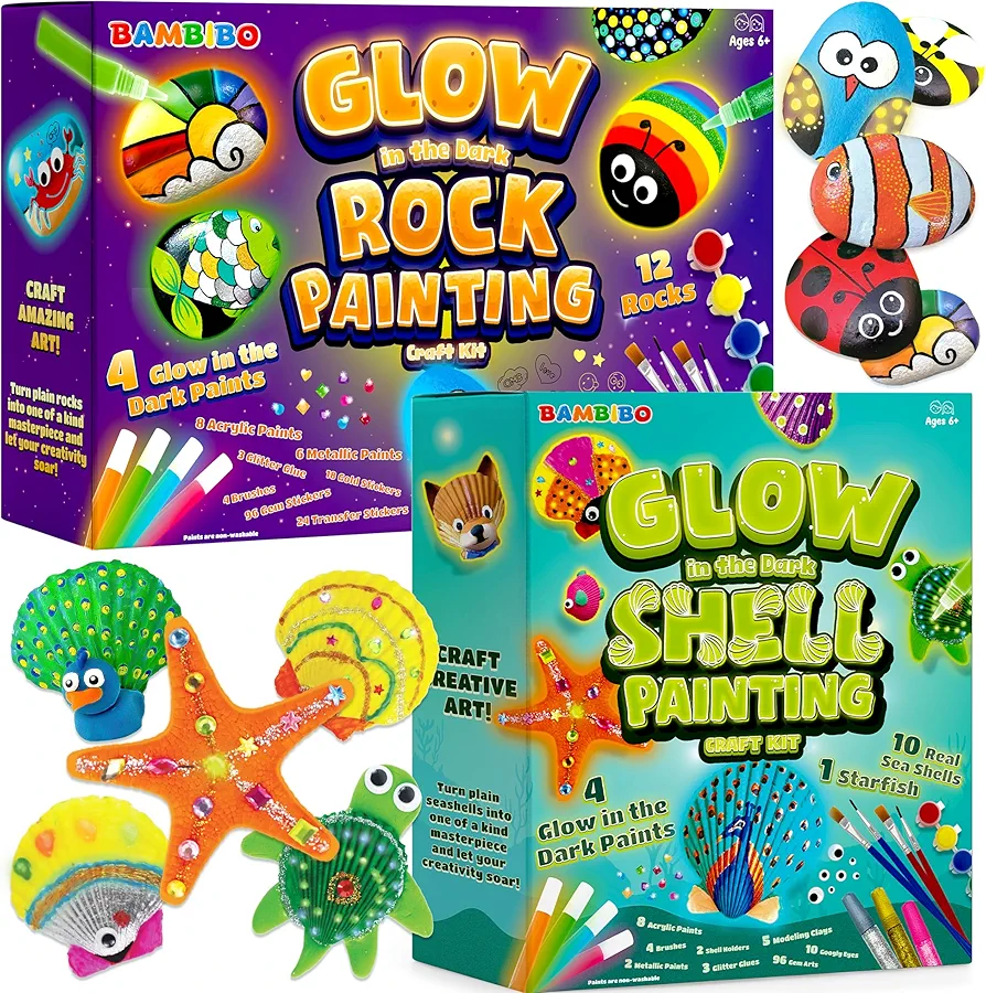 Bambibo Glow in The Dark Shell & Rock Painting Kit - Mega Pack of 2 | DIY Arts & Crafts Toys for Girls & Boys | Glow in The Dark Paint for Kids | Arts and Crafts for Kids 4-6