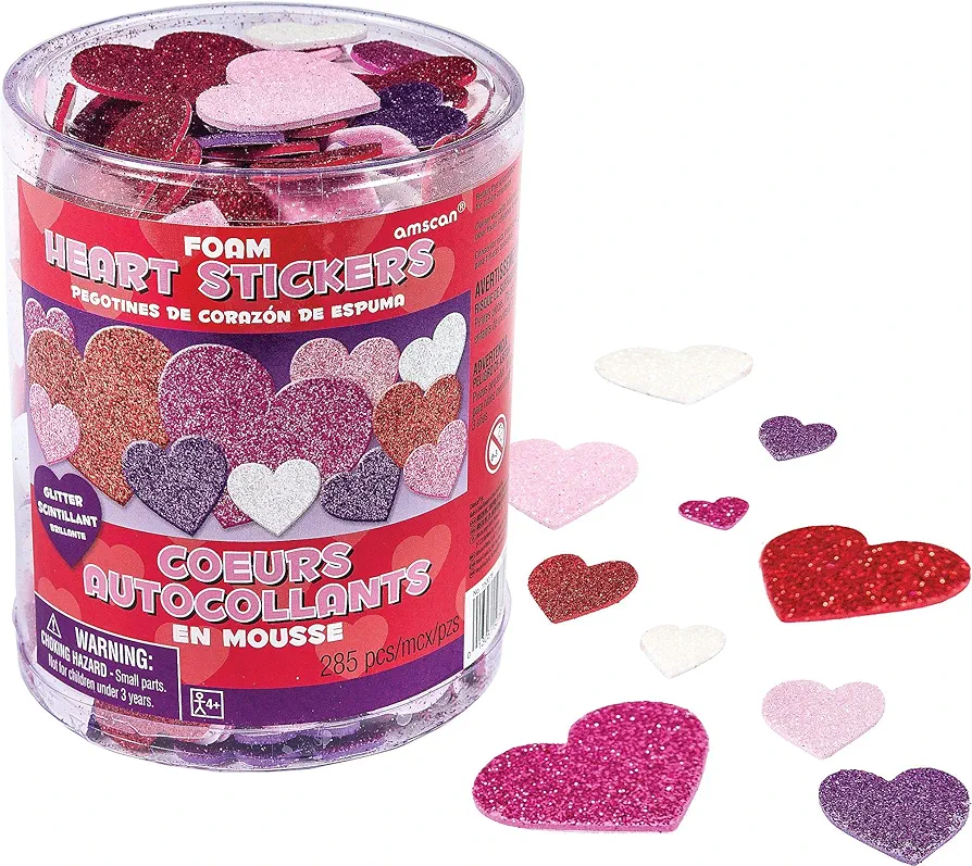 Valentine's Day Multicolor Foam Glitter Craft Hearts - .5" - 1.25", 285 Pieces - Perfect for DIY Projects and Love Decorations