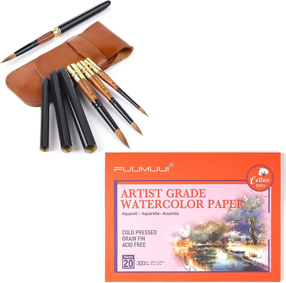 Fuumuui 20 Sheets 9" x 12" 100% Cotton Cold Pressed 140LB/300GSM Watercolor Paper Pad with 3Pcs Plein Air Elegant Kolinsky Sable Watercolor Brushes