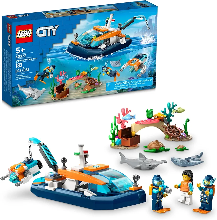 LEGO City Explorer Diving Boat 60377 Ocean Building Toy, includes a Coral Reef Setting, Mini-Submarine, 3 Minifigures and Manta Ray, Shark, Crab, 2 Fish and 2 Turtle Figures