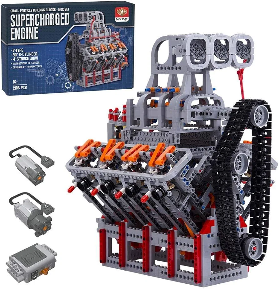 Helixsun V8 Engine Motor Building Kit That Works, Dynamic OHV 4-Stroke Mechanical MOC Motor Engine Building Blocks Toy - Build Your Own V8 Engine (2106PCS)