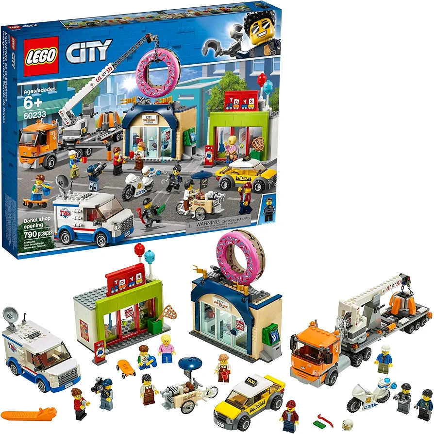 LEGO City Donut Shop Opening 60233 Store Opening Build and Play with Toy Taxi, Van and Truck with Crane, Easy Build with Minifigures for Boys and Girls (790 Pieces)