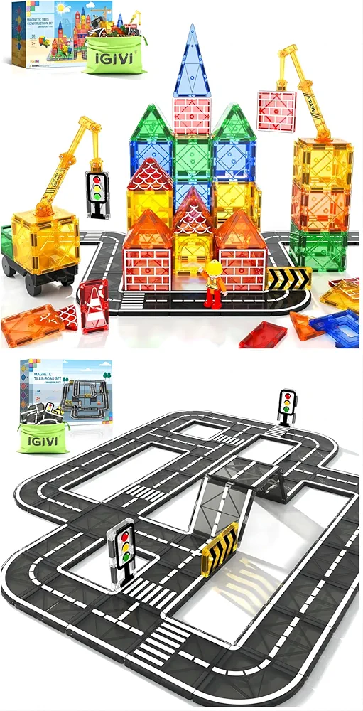 Kids Toys & Games - Magnetic Tiles Construction Set with Magnet Crane Car Toys,Montessori Educational Toy Gifts for 3+ Year Old Boys & Girls, Creativity-igniting Kids Toys