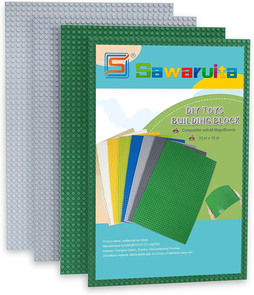 Sawaruita Classic Baseplate Building Base Plate-10 * 15 Squares Baseplates Multipack-Compatible with All Major Brands-Gray*2-Green*2