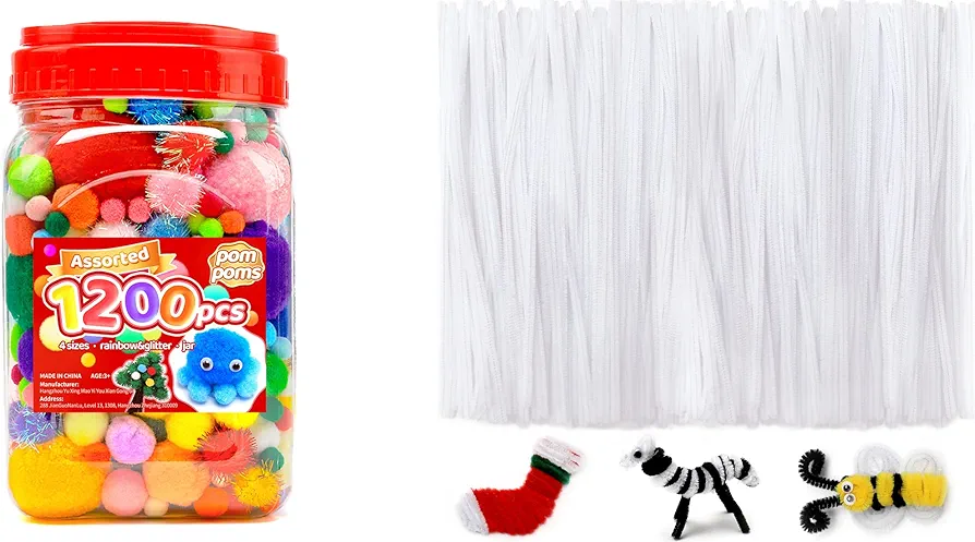 1200pcs pom poms+200pcs White Pipe Cleaners, Art and Craft Supplies