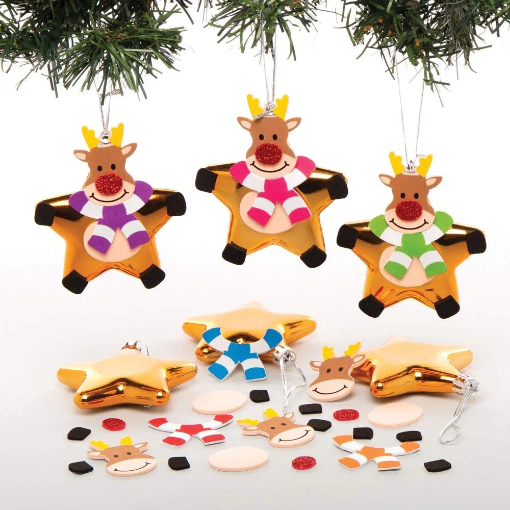 Baker Ross AT178 Reindeer Star Ornament Kits - Pack of 6, Christmas Arts and Crafts and Tree Ornaments for Kids