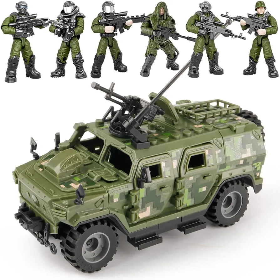 Building Block Armored Vehicle with 6 Army Figures Brick Military Vehicle Building Toy for Age 6 7 8 9 10 11 12+, Army Battle Building Kit, Army Car Model Toys Gifts for Boys