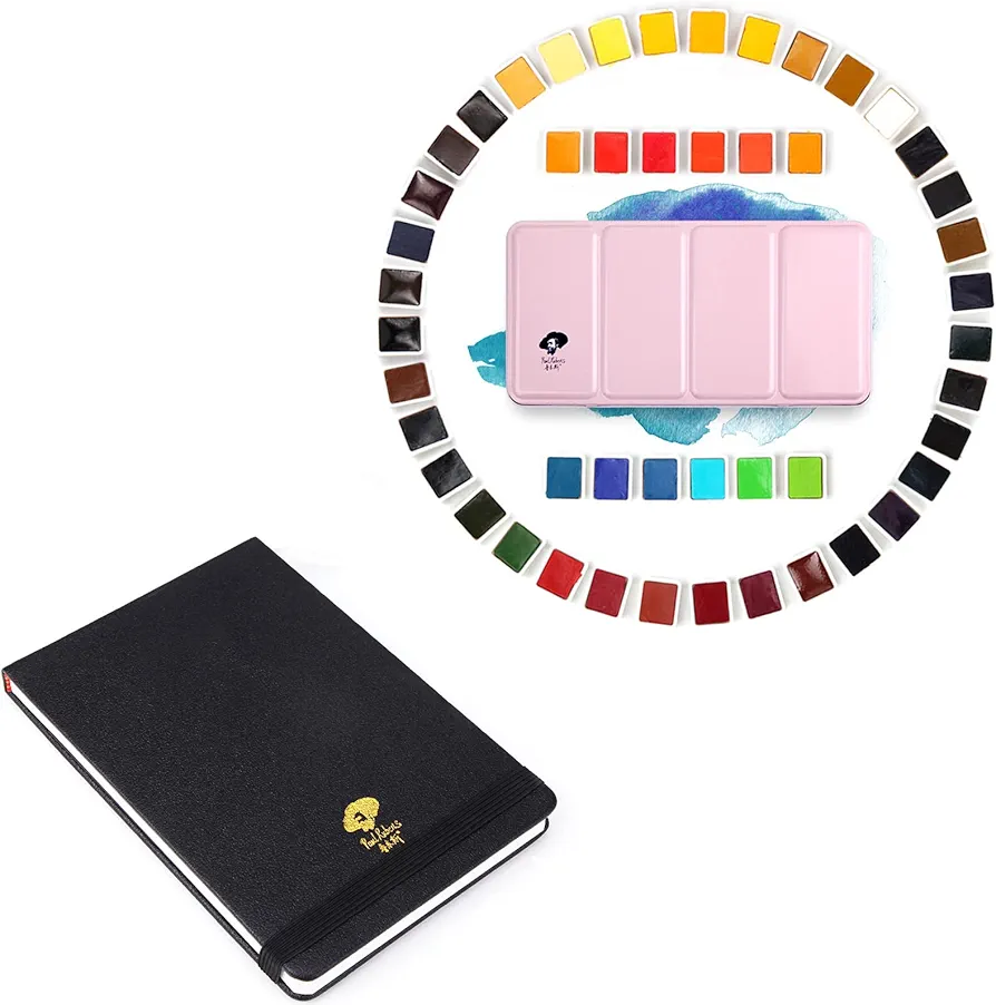 Paul Rubens Artist Grade Watercolor Paint, 48 Colors Solid Cakes with Portable Metal Box, Art Supplies Watercolor Paper, 100% Cotton Hot Press Watercolor Journal 7.6” x 5.3”, 20 Sheets