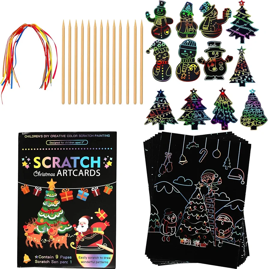 OPUHOHR Christmas Scratch Paper Art Set, Rainbow Scratch Off Notebooks Arts Crafts Supplies Set, Christmas Tree Snowman Scratch Paper Card for Kids DIY Christmas Gift Birthday Card