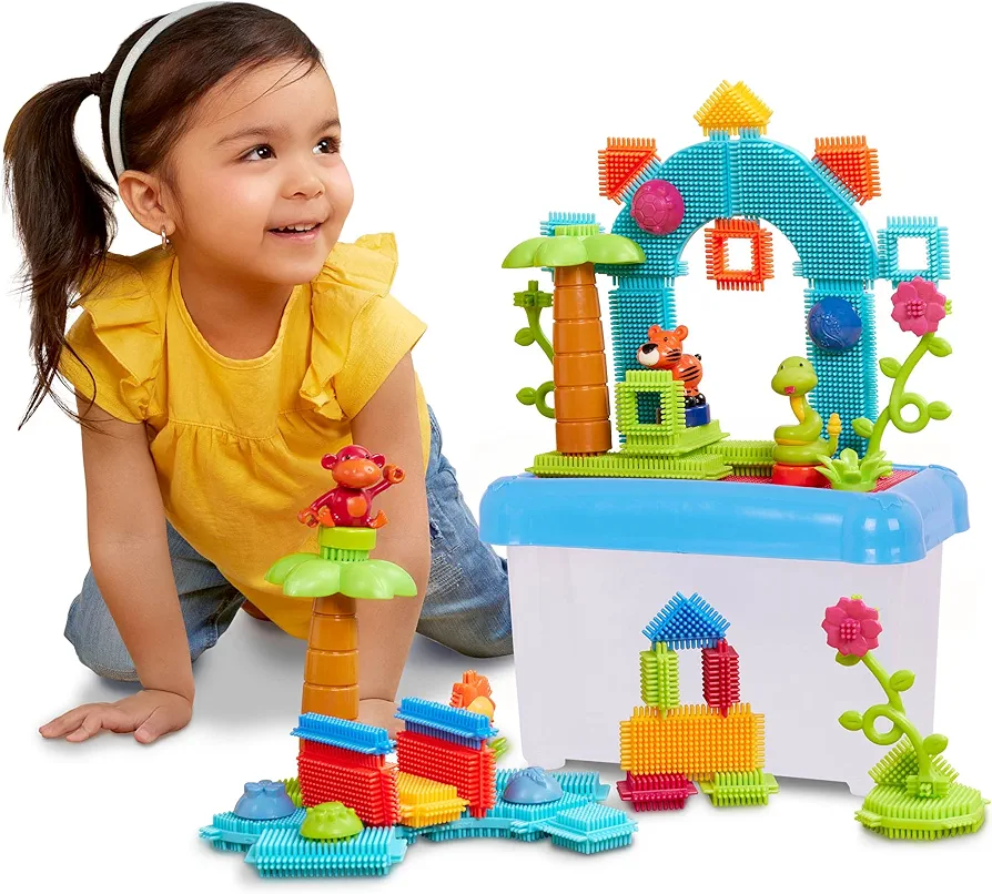 Battat- Bristle Blocks- STEM Interlocking Building Blocks- 58 pc Playset- Reusable Storage Bucket- Developmental Toys for Toddlers & Kids- Jungle Adventure- 2 Years +