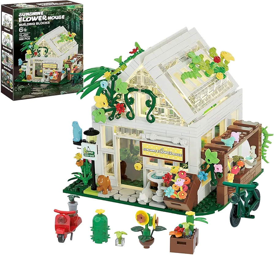 Flower House Building Blocks Set- Mini Garden Greenhouse,Flower Shop Building Kit with LED Lights,Creative Building Playset Toy,Valentines Day Gifts for Adults or Girls 6-12 Years