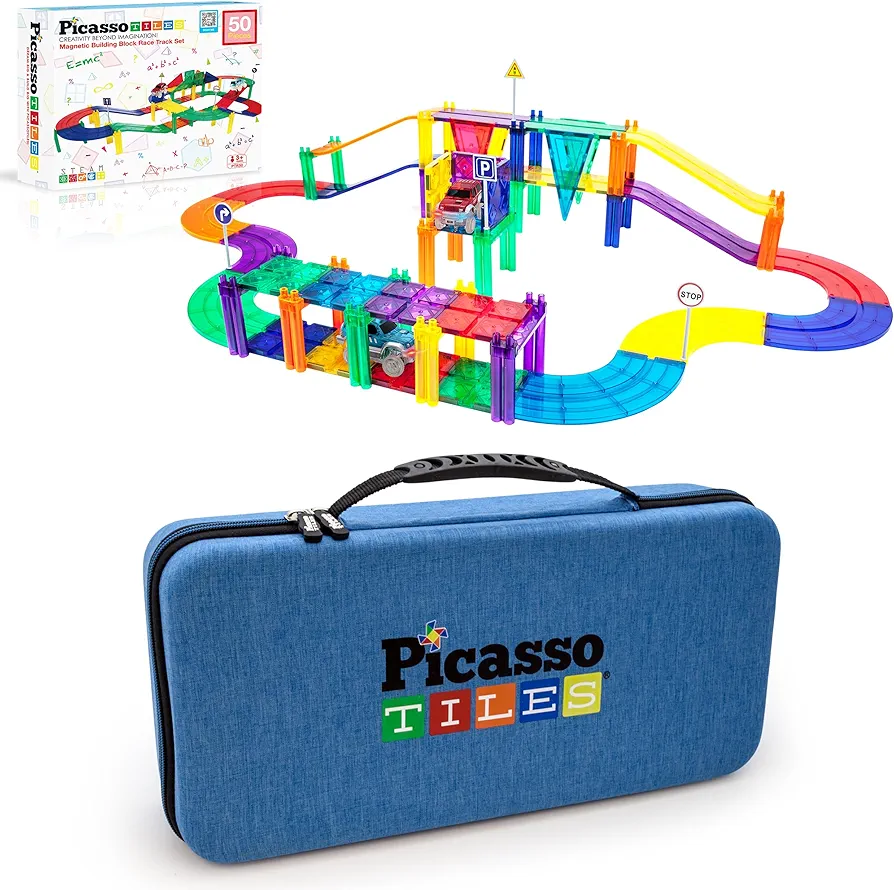 PicassoTiles 50PC Magnetic Race Car Track + Carry Case Bundle: STEAM Educational Playset for Kids Includes Travel Storage Organizer - Learning Construction Toy, Creative Design, Sensory Development