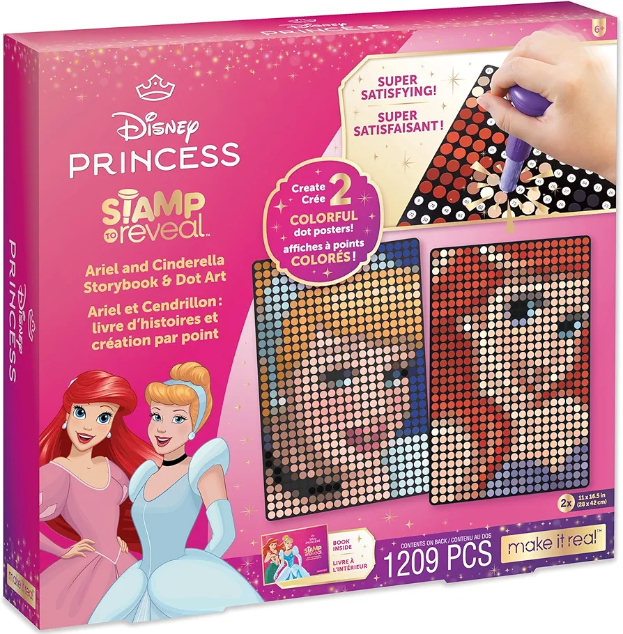 Make It Real: Disney Stamp to Reveal Ariel & Cinderella Storybook & Dot Art - 1209 pcs, DIY 2 Princess Dot Posters, Craft Kit, Girls & Kids Ages 6+