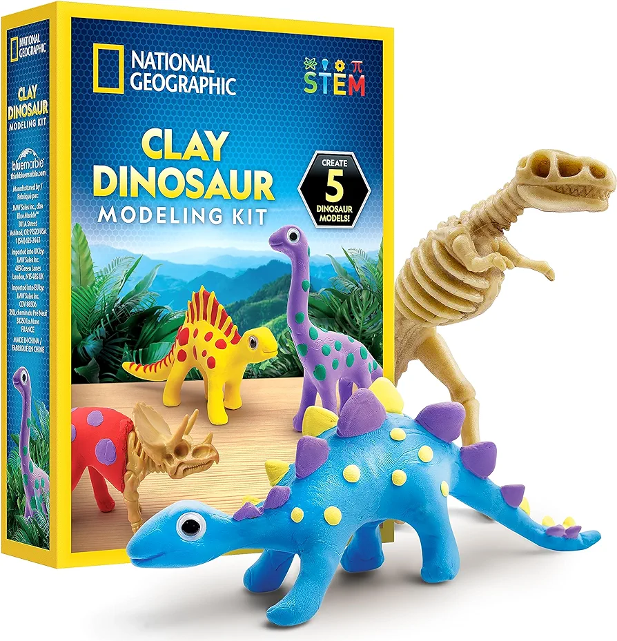 NATIONAL GEOGRAPHIC Clay Dinosaur Arts & Crafts Kit - Dinosaur Air Dry Clay for Kids Craft Kit with 5 Clay Colors, 5 Dino Skeletons, Sculpting Tool & Googly Eyes, Dinosaur Activity