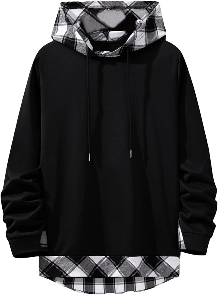 Verdusa Men's Colorblock Long Sleeve Drawstring Hooded Sweatshirt Plaid Top