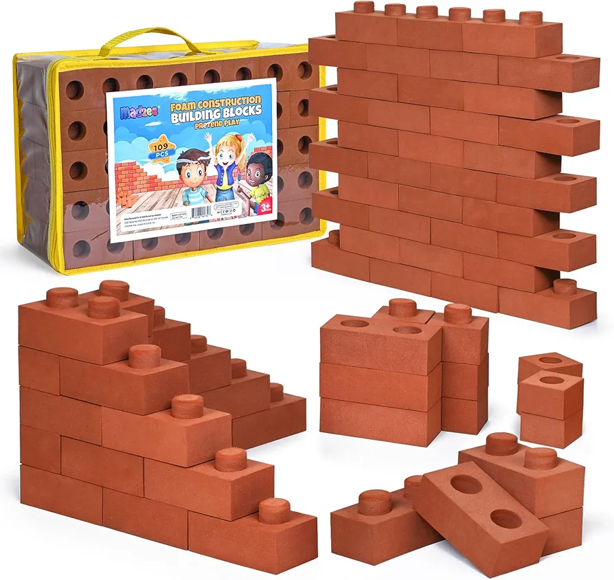 109 Pack Foam Brick Building Blocks for Kids, Builders Set for Construction and Stacking. Perfect set for young builders