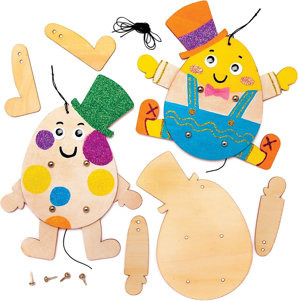 Baker Ross AT446 Easter Egg Man Wooden Puppet Kits - Pack of 4, Story Telling, Woodcraft Painting for Kids, Great for Art Parties, Schools and Festive Crafting Activities