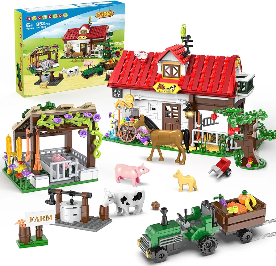 HOGOKIDS Farm House Building Toy for Grils Boys - 852 PCS Valentine's Day City Farm Animals Building Block Set with Horse Tractor Farm Tools | Creative Easter Gift for Kids Ages 6 7 8 9 10 11 12+