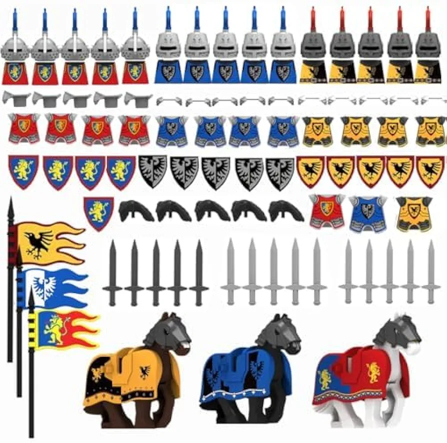 Custom Medieval Ancient Rome War Horses Building Blocks Set, Medieval Knight Soldier Armor Helmets Weapons Pack Model Minifigures Toy (Three Sets)