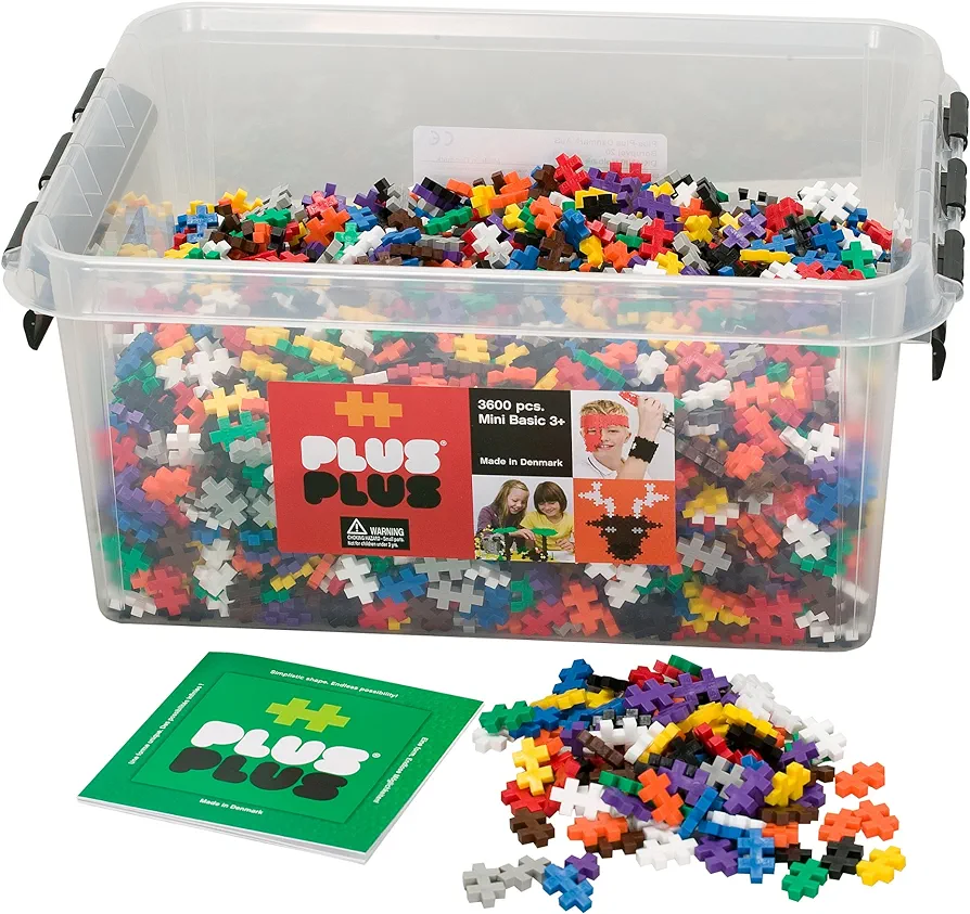 PLUS PLUS Plus-Plus - Open Play Set - 3,600 Piece in Storage Tub - Basic Color Mix - Construction Building Stem Toy, Interlocking Mini Puzzle Blocks for Kids, Assorted, 100