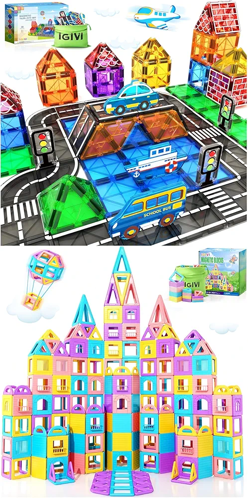 Kids Toys Magnetic Tiles - Road Set with Car Toys for 3+ Year Old Boys & Girls，Toddler Toys for 3+ Year Old Girls & Boys, Magnetic Tiles Castle Building Blocks Princess Toys, Birthday Gifts for 3 4 5