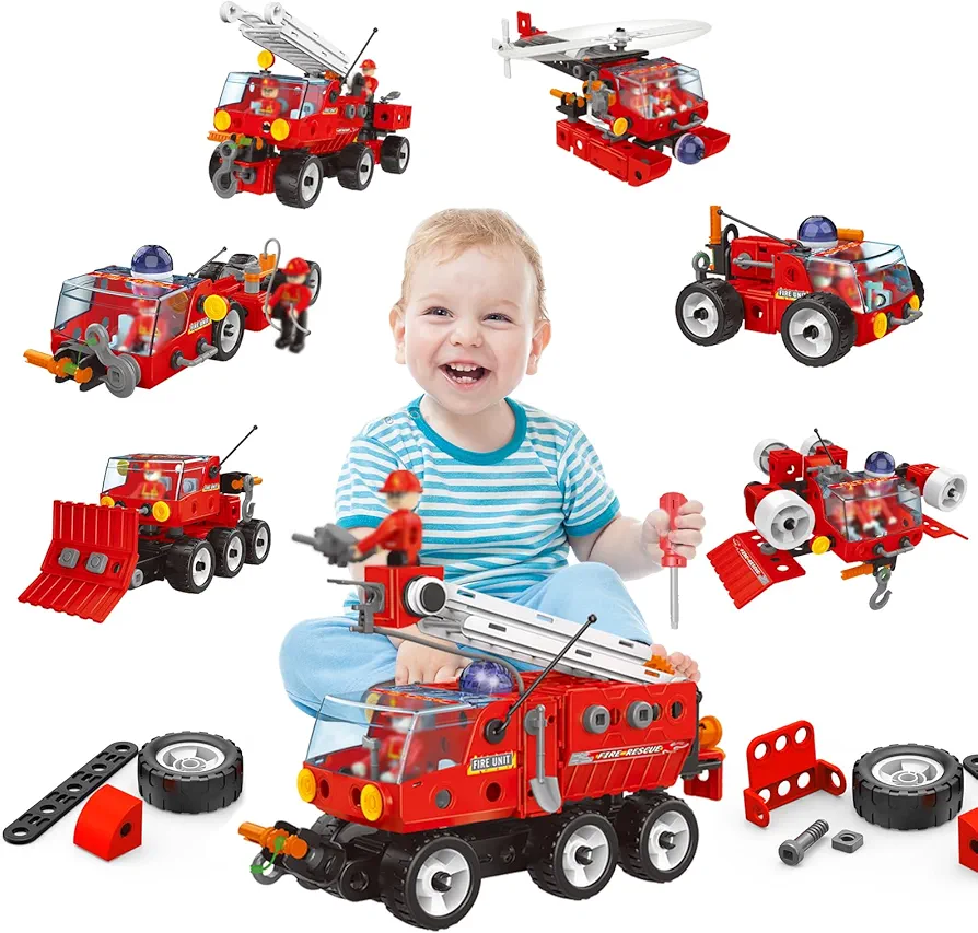 7 in 1 STEM Toys for 3 4 5 6 7 Year Old 159PCS Fire Truck Toy for Kids Educational Science Kits for Boys Age 5-7 6-8 Engineering Learning Toys