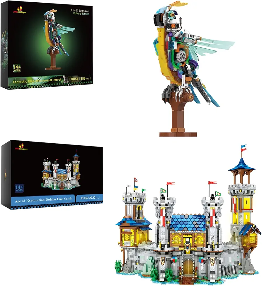 JMBricklayer Medieval Castle Building Set 41106 & Parrot Building Toy Set 70154, Collectible or Home Office Display, Gifts for Boys Girls Adults