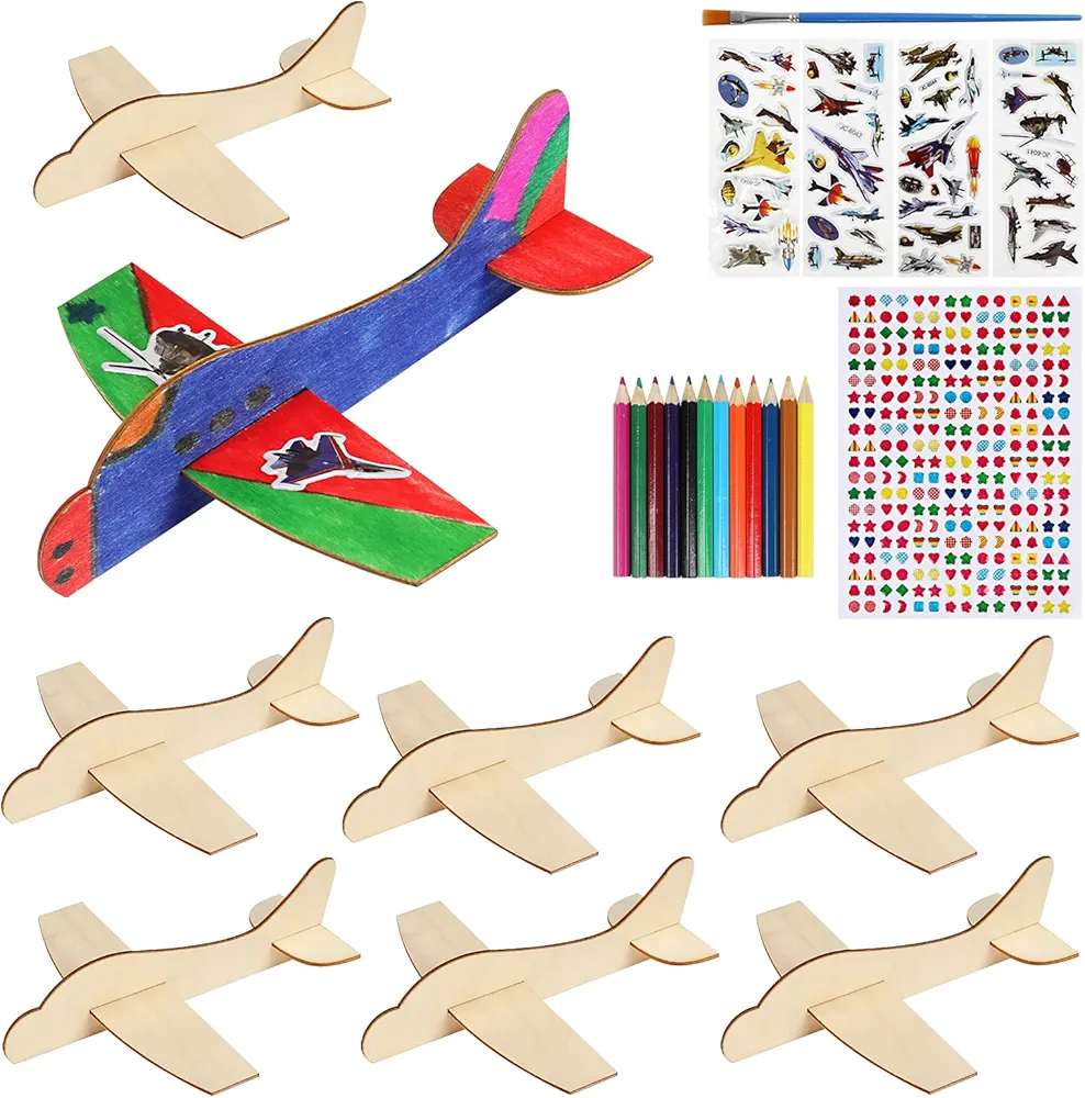 BAPHILE 12 Pack DIY Wood Planes，Mini Airplane Paint and Decorate Wooden Airplane Craft Kits with Decorate Tools for Kids School Craft Decor Projects