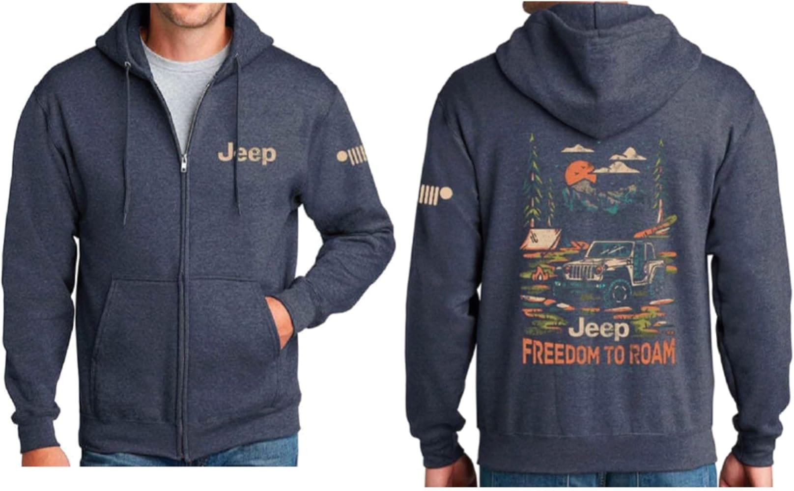 Jeep Freedom To Roam Full-Zip Hoodie Hooded Midweight Sweatshirt - Heather Navy Blue