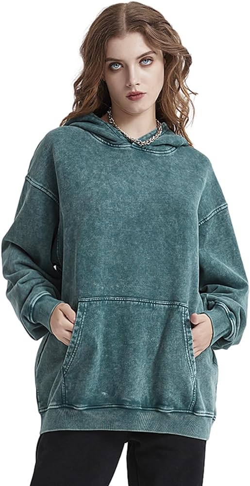 Men's Acid Wash Hoodie Oversized Vintage Basic Loose Pullover Sweatshirt Unisex Streetwear Hip Hop Tops Green