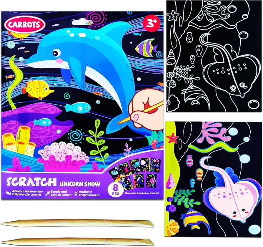 JUNQIU Scratch Art for Kids, Ocean Animals Black Rainbow Scratch Art Paper Set-Arts and Crafts Kits & Supplies, Party Games & Activity, Gifts for Toddlers Girls & Boys Birthday Christmas