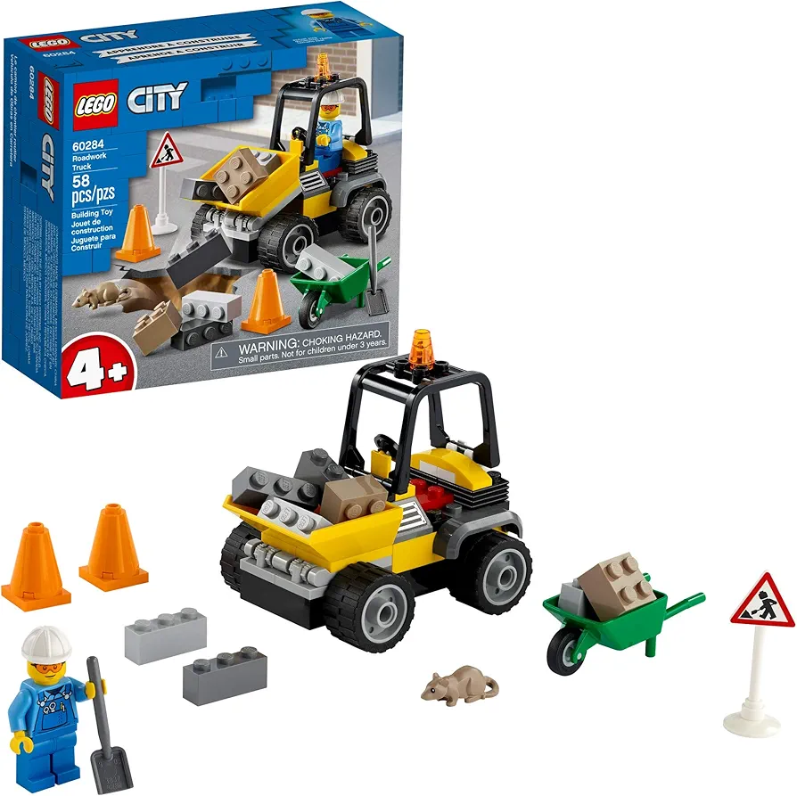 LEGO City Roadwork Truck 60284 Toy Building Kit; Cool Roadworks Construction Set for Kids, New 2021 (58 Pieces)