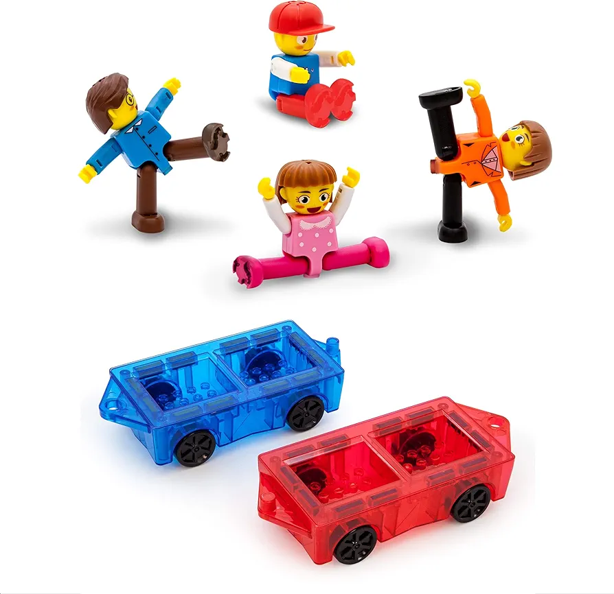 PicassoTiles Family Action Figures + 2PC Magnetic Car Truck Set Expansion Pack Educational Add-on STEM Learning Kit Toddler Construction Mini Magnet Tiles Building Blocks Add-ons Playset Development