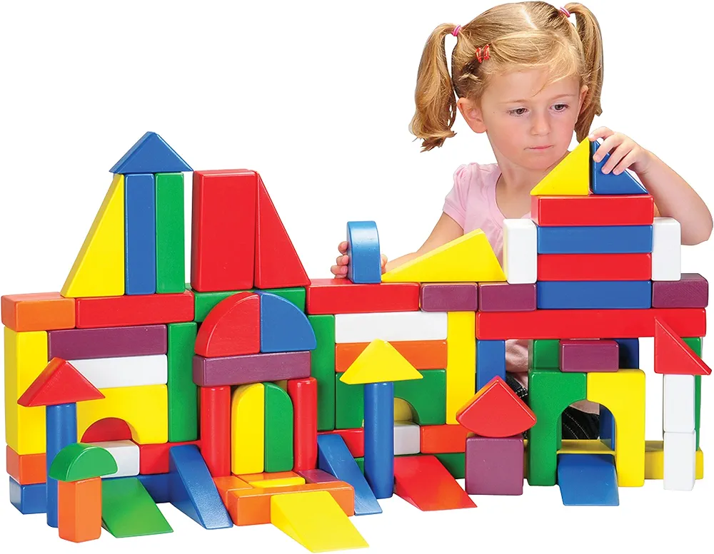 Constructive Playthings Wooden Building Blocks Set, Great Birthday Gift and Christmas Gift, Hardwood, Multicolor, 6 Hues, Stained, 100-Piece Blocks for Kids, Toddler Toys for 24 Months & Older