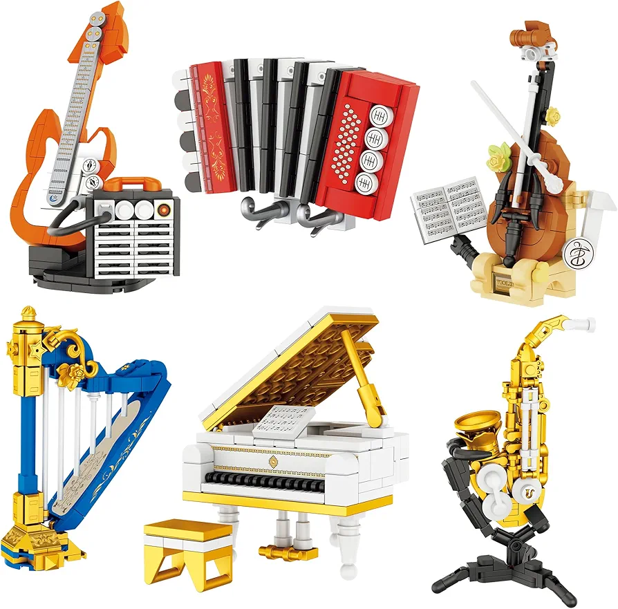 HI-REEKE Mini Music Building Set, Guitar Piano 6 Musical Instruments Modle Toy Building Block Kit for Kids Gift-717pcs