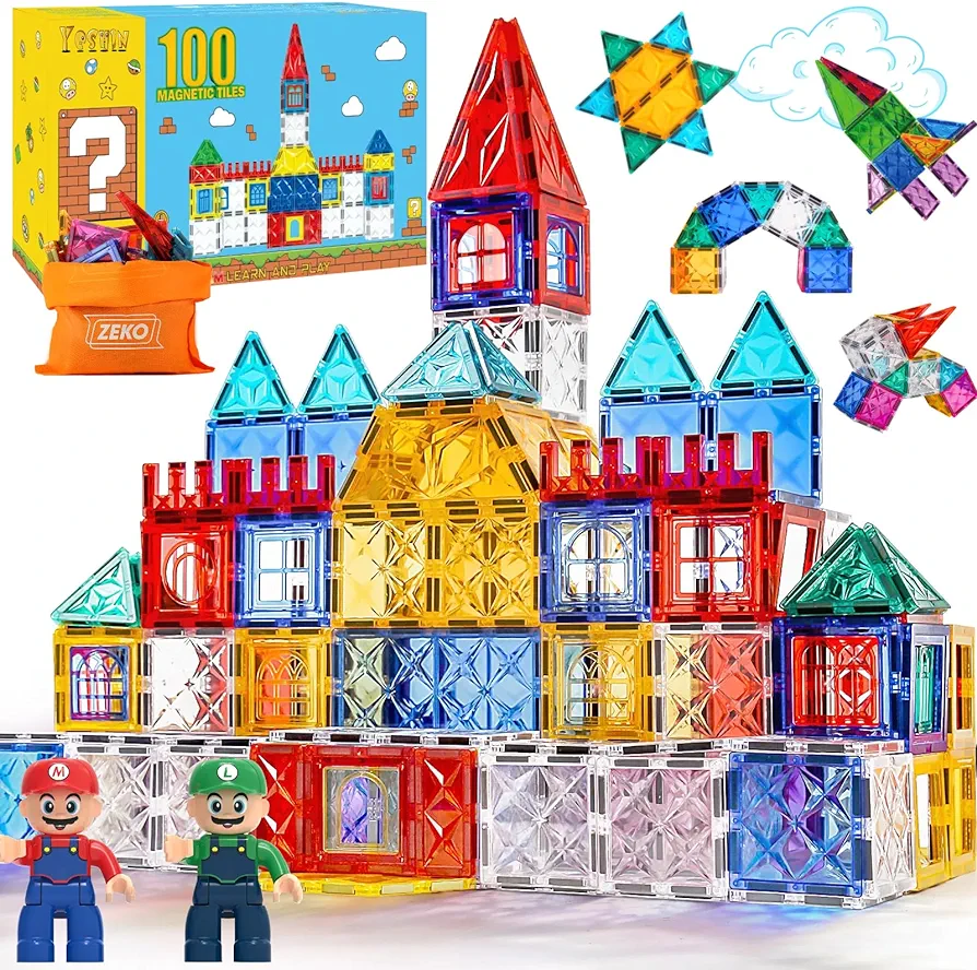 YESHIN Magnetic Tiles for Kids, 100PCS STEM Magnetic Building Blocks Toy for 3 4 5 6 7 8+ Boys and Girls, Magnetic Building Tiles with Super Bros, Easy-to-Store Montessori Toys