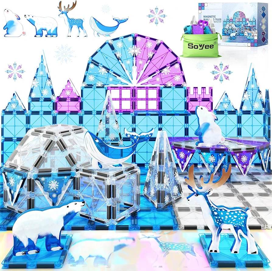 Magnetic Tiles 54PCS with 4 Arctic Animals Frozen Toys for Girls Ages 3-5 4-7 6-8 Magnet Building Blocks Kids Games STEM Princess Toys Gifts for Kids