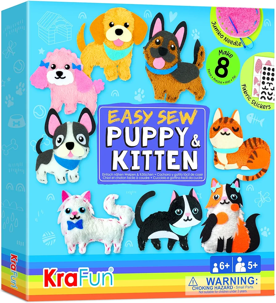 KRAFUN Easy Sewing Kit for Beginner Kids Arts & Crafts, 8 Easy DIY Projects of Stuffed Animal Dolls of Puppies & Kittens, Dogs and Cats, Instructions & Felt, Gift for Girls, Boys, Learn to Sew