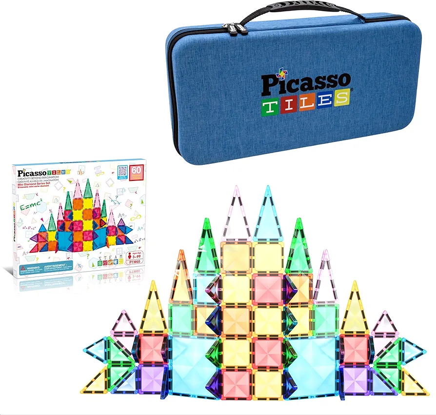 PicassoTiles 60PC Magnetic Mini Tiles + Carry Case: STEAM Educational Playset for Kids includes Travel Storage Organizer - Fun Learning, Construction, Engineering, and Sensory Development Gift Idea