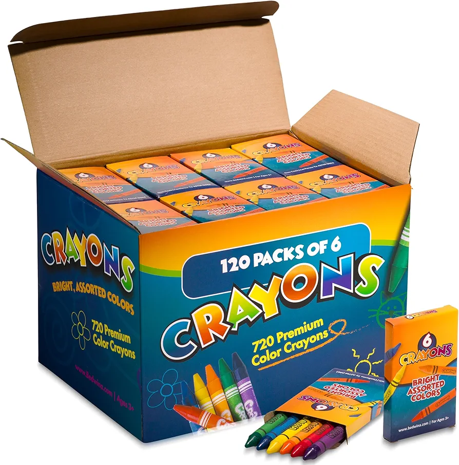 Bedwina Bulk Crayons - Case Of 120 6-packs, Color Crayons Bulk School Supplies For Kids & Toddler, Teachers & Classroom, Nontoxic Travel crayons Party Favors, Restaurants, Goody Bags Stocking Stuffers