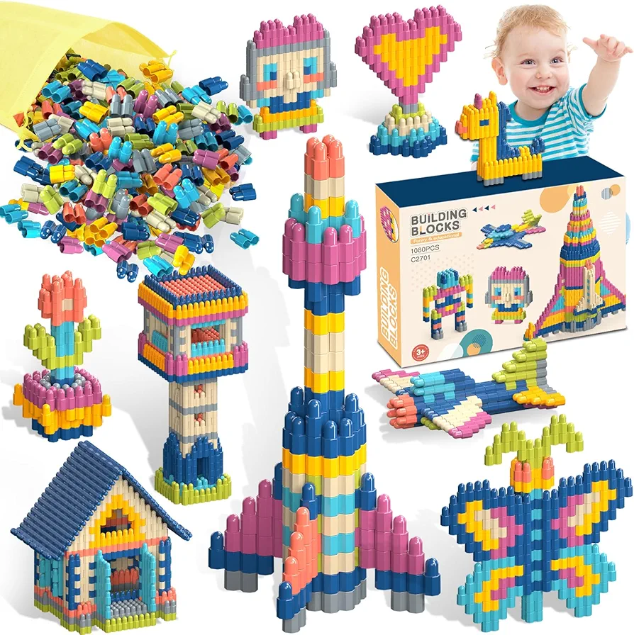 Building Blocks for Kids,1080Pcs Toddlers STEM Building Toys Solid Plastic Interlocking Block Set Construction Tinker Toys Educational Preschool Learning Toy Gifts for Boys Girls 3 4 5 6 7 8 Years Old