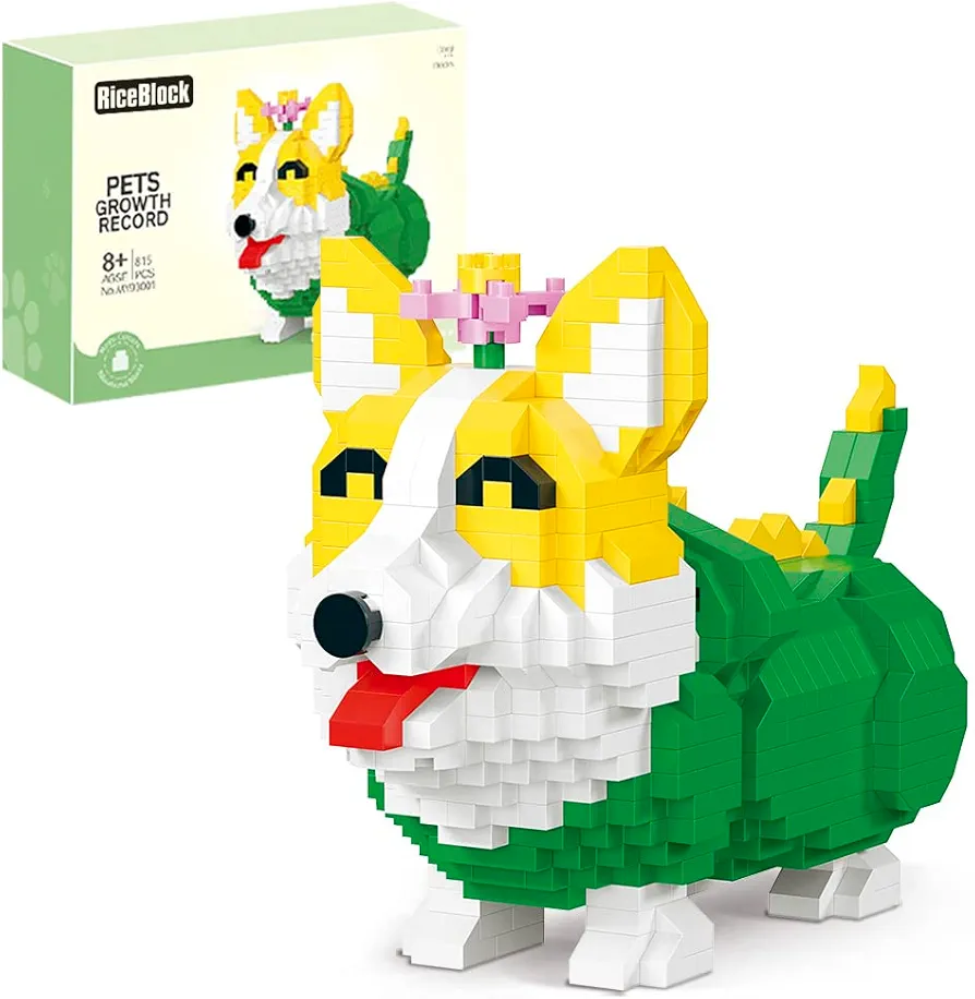 RiceBlock Cute Corgi Dog Building Sets, Pet Building Toys for Boys and Girls, 815 Micro Bricks Difficult Challenges (Not Compatible with Lego)