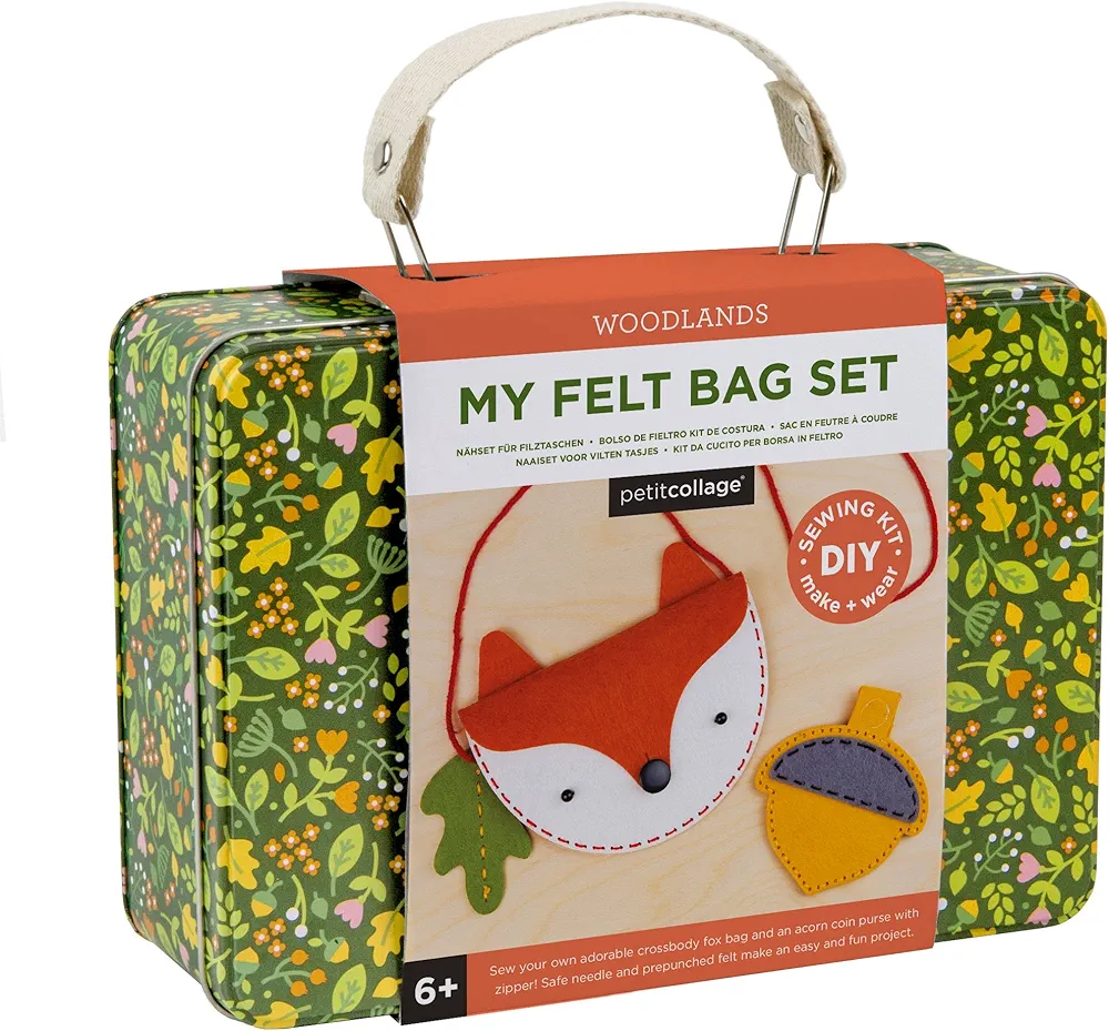 Petit Collage DIY Woodland Fox Felt Bag, Crossbody Bag for Kids with Matching Acorn Zipper Purse for Kids – DIY Crafts Sewing Kit– Makes a Great Gift Idea for Ages 6+