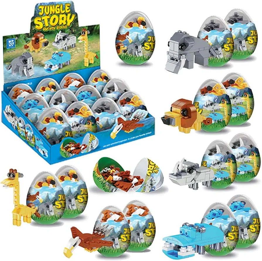 Wild Safari Toys - 12 Surprise Animal Eggs Standard Size Building Blocks STEM Toys - Educational Kids 3D Puzzle Party Favors