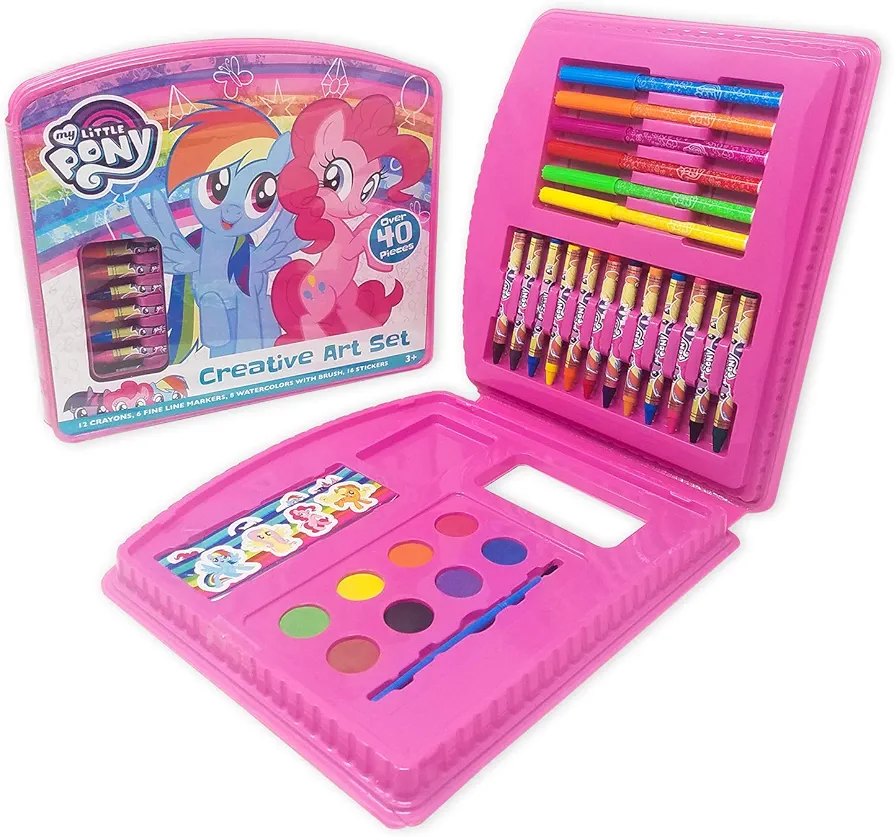 My Little Pony 43-Piece Art Case | Travel Art Set for Children | includes Markers, Crayons, Stickers, and Watercolors | Gift for Kids Ages 3+