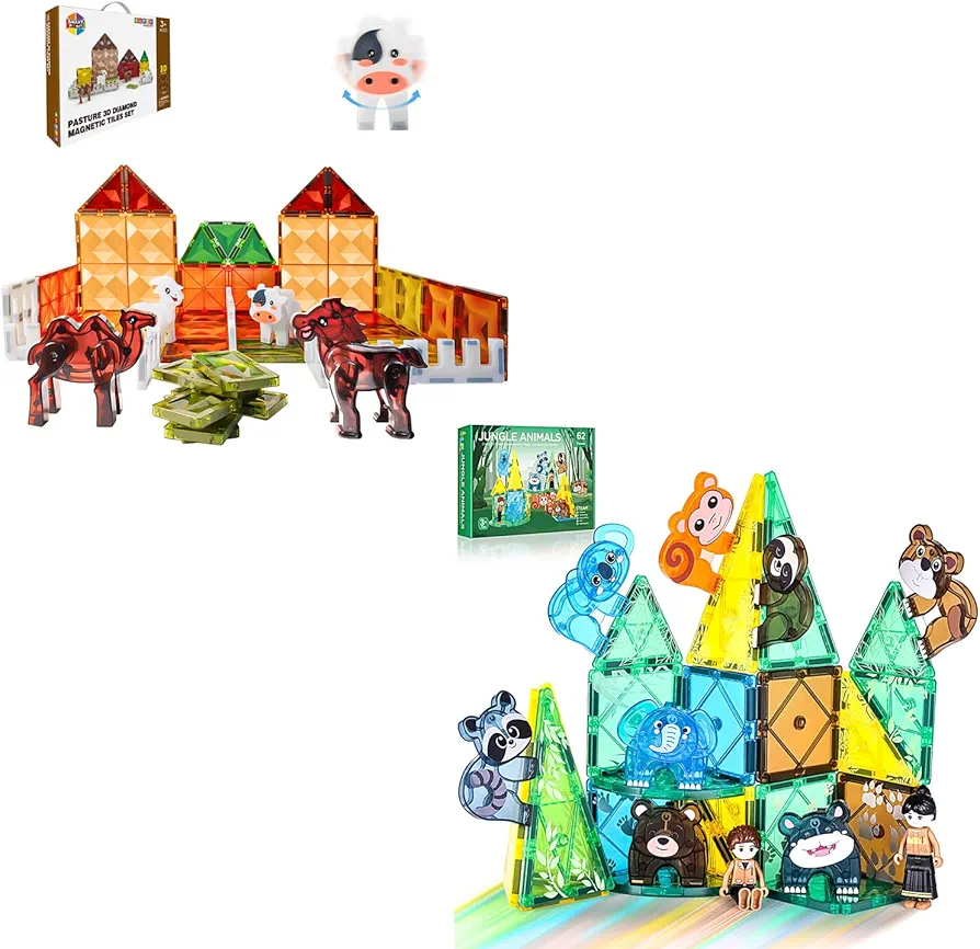 Magnetic Tiles Animals and Farm Set, Manget Building Blocks Toys for Kids Toddler 1-3 3-5