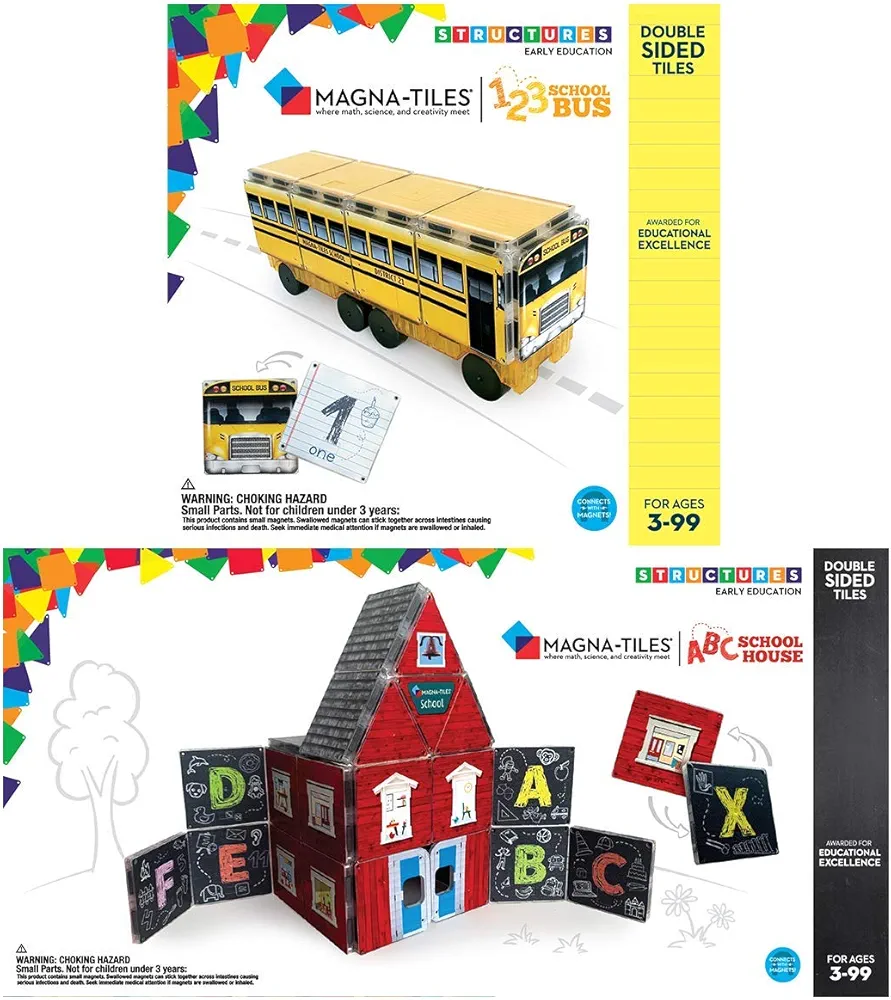 CreateOn 123 School Bus and ABC Schoolhouse Magna-Tiles Set Bundle The Original Magnetic Tiles Preschool Learning Hands on Fun for Ages 3+