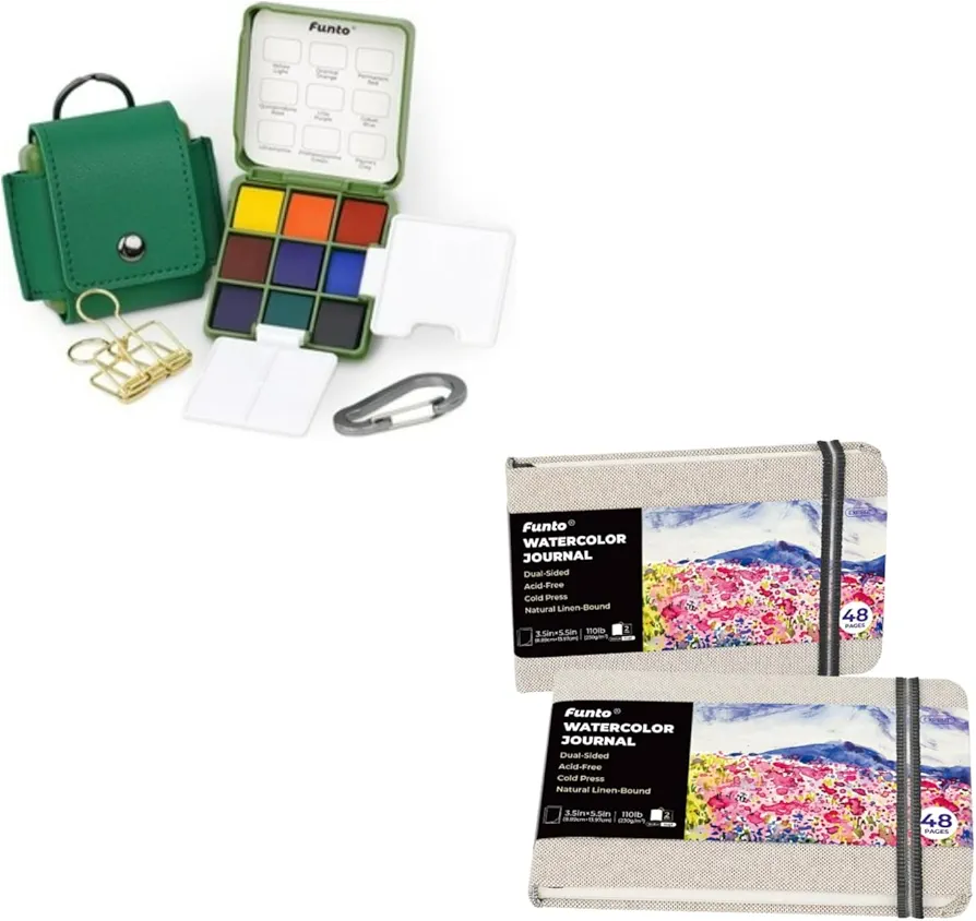 Funto Watercolor Journal & Mini Set, 2-Pack and 9-Color Travel Kit, Perfect for Art and Painting