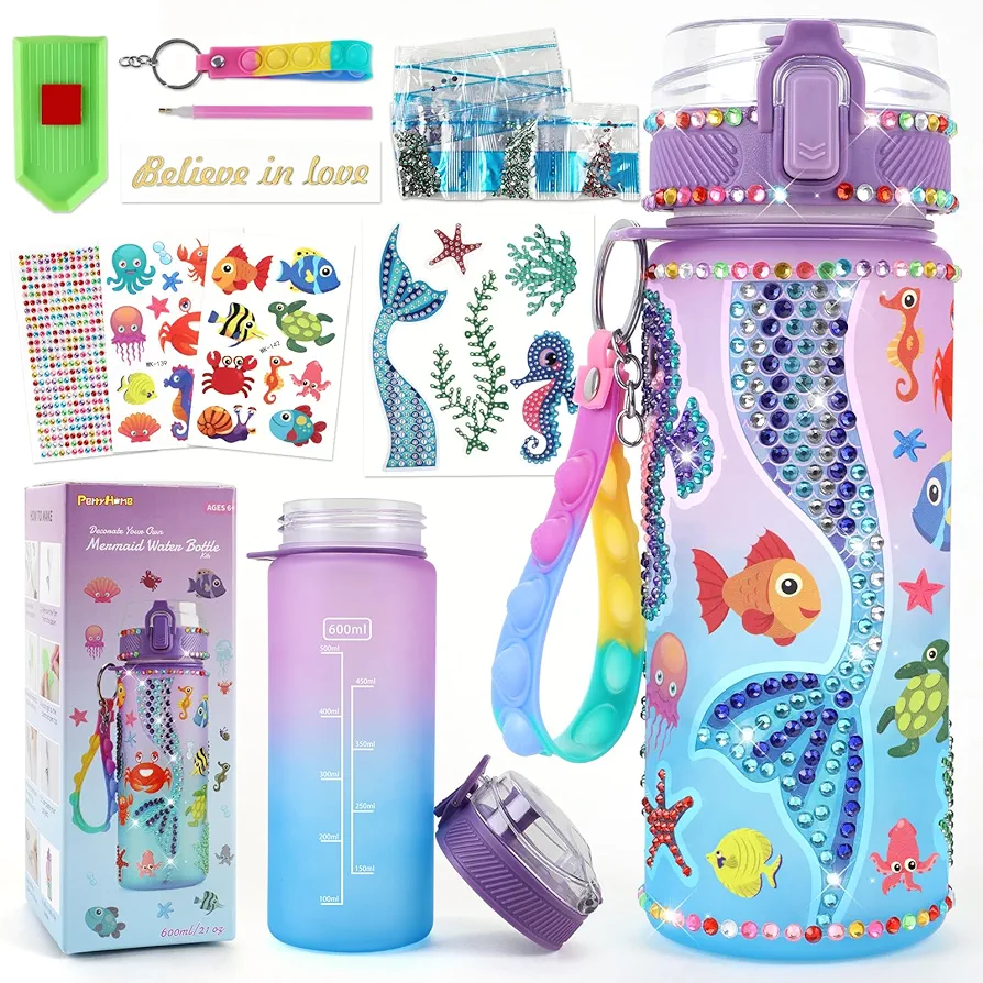 PERRYHOME Decorate Your Own Mermaid Water Bottle Kits for Girls, Mermaid Toys for Girls Age 4-10 Painting Crafts, Fun Arts and Crafts Kits 6-12 Year Old Toddler Girls Birthday Christmas Gifts Toys